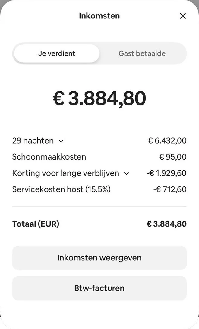 Airbnb payout screen, 29 nights