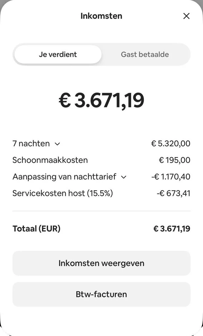 Airbnb payout screen, 7 nights