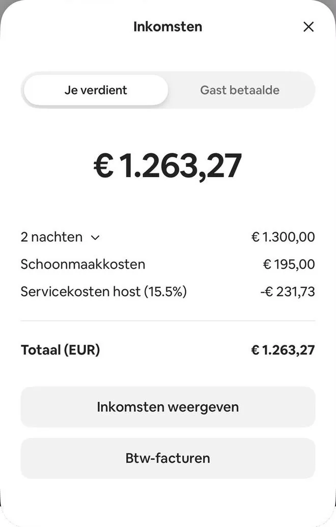 Airbnb payout screen, 2 nights