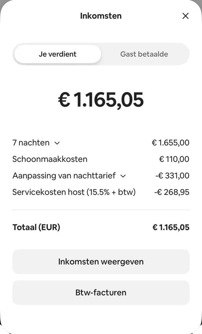 Airbnb payout screen, 7 nights