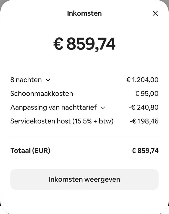 Airbnb payout screen, 8 nights