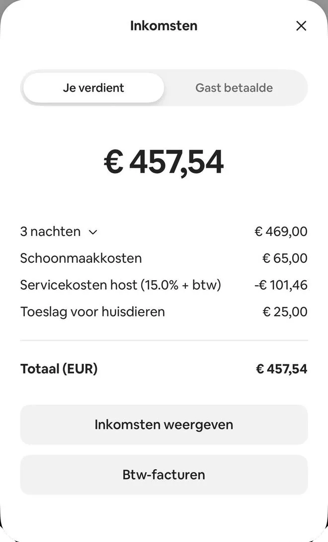 Airbnb payout screen, 3 nights